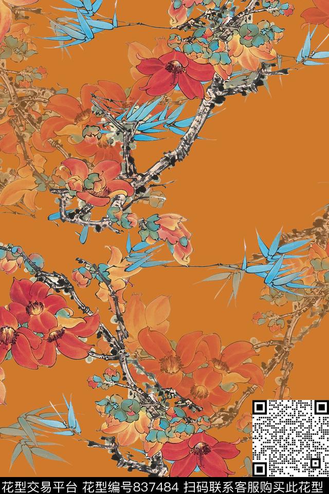 植物中国风国画数码印花花型下载（图片编号: 837484） - 瓦栏（Walan）
