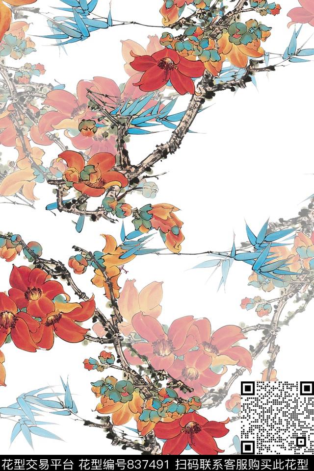 植物中国风国画数码印花花型下载（图片编号: 837491） - 瓦栏（Walan）