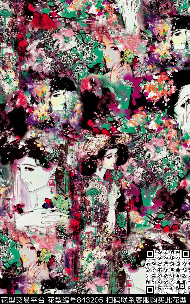 植物中国风国画数码印花花型下载（图片编号: 843205） - 瓦栏（Walan）