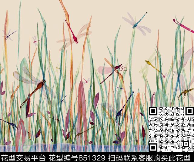 蜻蜓.jpg - 851329 - 昆虫 蜻蜓 水草 - 数码印花花型 － 童装花型设计 － 瓦栏