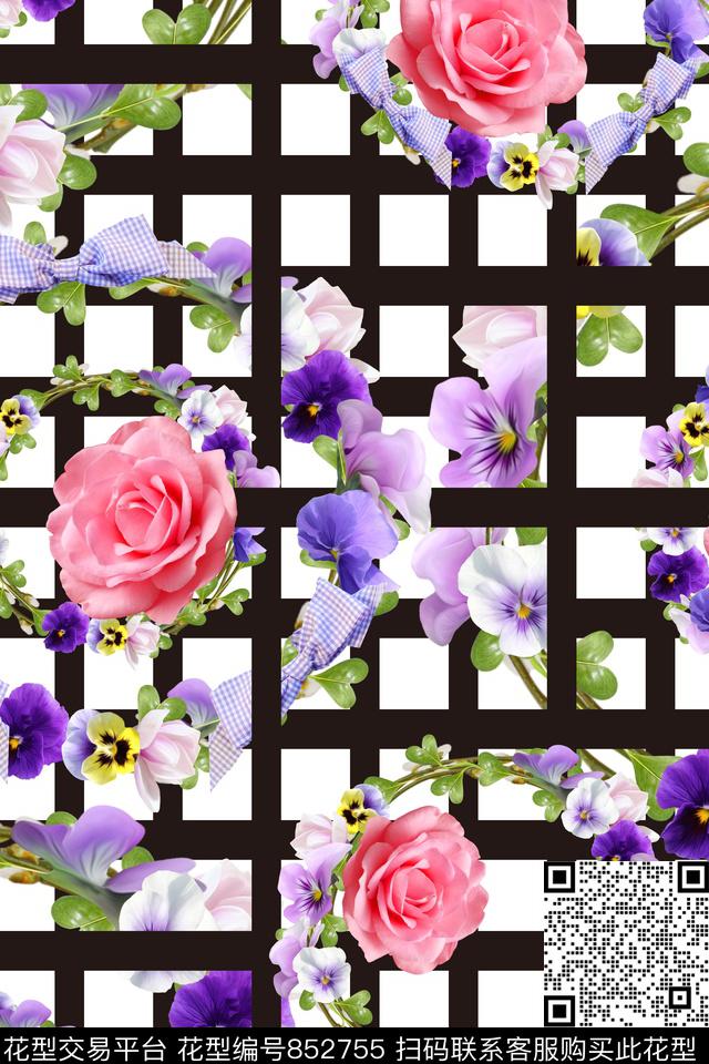 XH20170516-01.tif - 852755 - 玉兰花 花卉格子 玫瑰 - 数码印花花型 － 女装花型设计 － 瓦栏