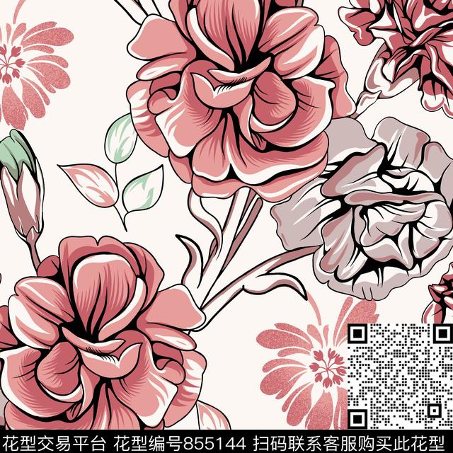 红色花.jpg - 855144 - 大花 花卉 花朵 - 传统印花花型 － 沙发布花型设计 － 瓦栏
