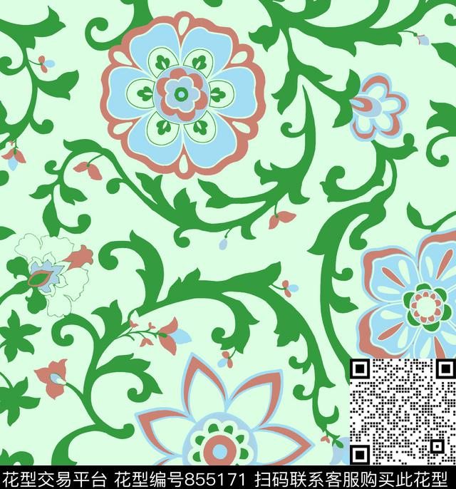 青底花朵.jpg - 855171 - 大花 花朵 叶子 - 传统印花花型 － 沙发布花型设计 － 瓦栏