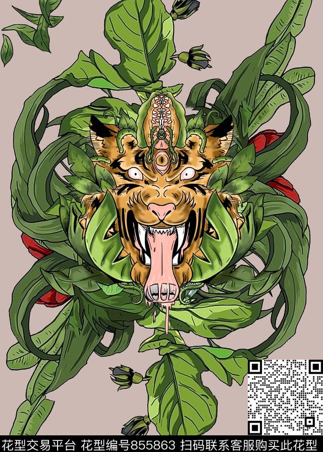 虎花.jpg - 855863 - 花丛中的老虎 抽象老虎 花草手绘 - 传统印花花型 － 男装花型设计 － 瓦栏