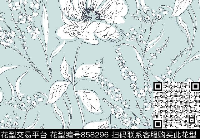 sketch floral-aqua.tif - 858296 - 纹理 小方块 黑白灰 - 数码印花花型 － 床品花型设计 － 瓦栏