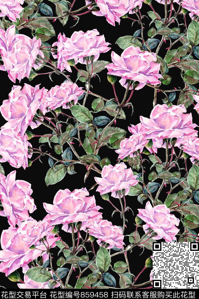 2017052601.jpg - 859458 - 手绘花卉 玫瑰花 时尚 - 数码印花花型 － 女装花型设计 － 瓦栏