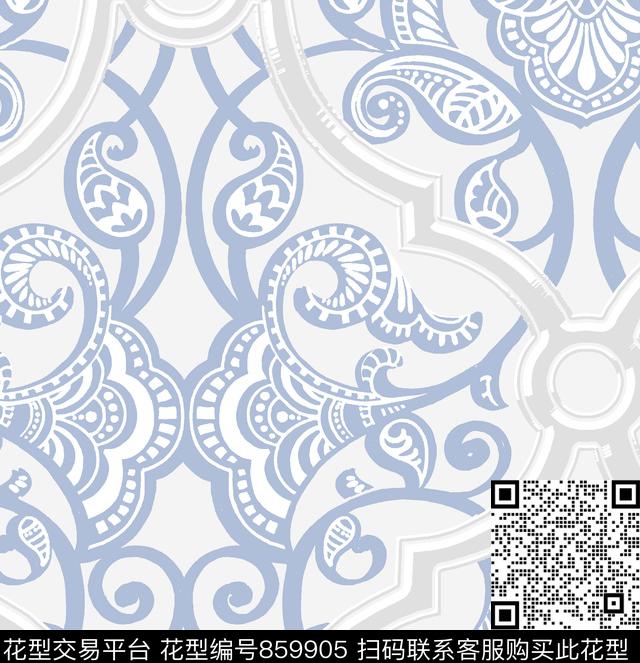 Marquesa_Blue_Gray_SC.tif - 859905 - 欧美 宫廷风 卷草 - 传统印花花型 － 床品花型设计 － 瓦栏