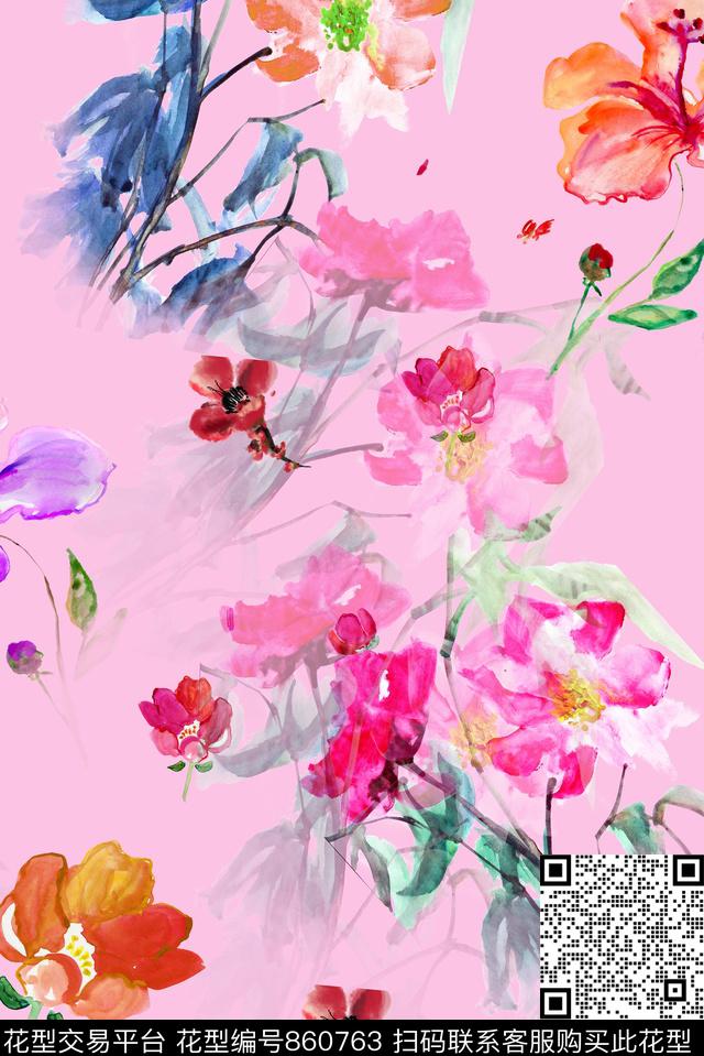 水彩花-粉.jpg - 860763 - 水彩画 花卉 花朵 - 数码印花花型 － 女装花型设计 － 瓦栏