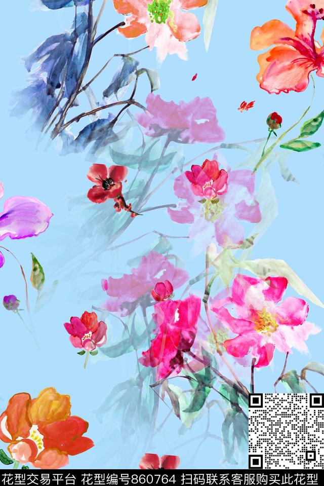 水彩花-蓝.jpg - 860764 - 水彩画 花卉 花朵 - 数码印花花型 － 女装花型设计 － 瓦栏