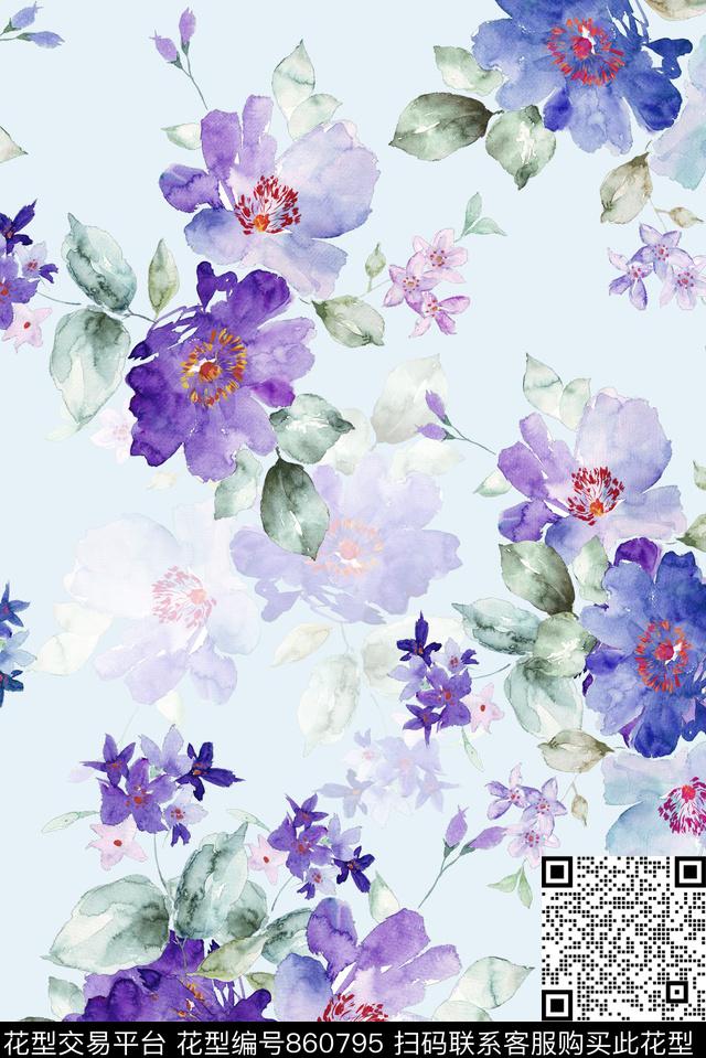 水墨花-绿.jpg - 860795 - 水彩画 花卉 花朵 - 数码印花花型 － 女装花型设计 － 瓦栏