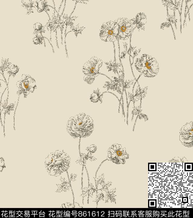 Floral_Toile-v6b.tif - 861612 - 土耳其风格 部落风 欧洲 - 传统印花花型 － 床品花型设计 － 瓦栏
