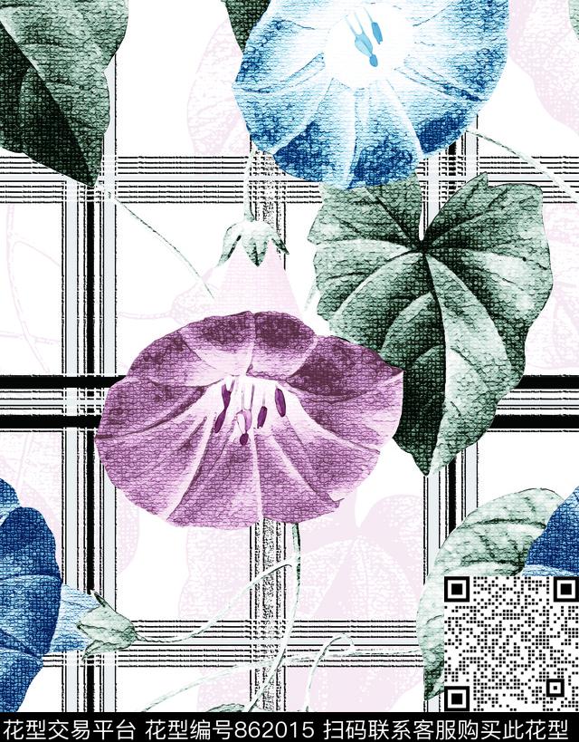 WN021.jpg - 862015 - 牵牛花 花卉 喇叭花 - 数码印花花型 － 沙发布花型设计 － 瓦栏