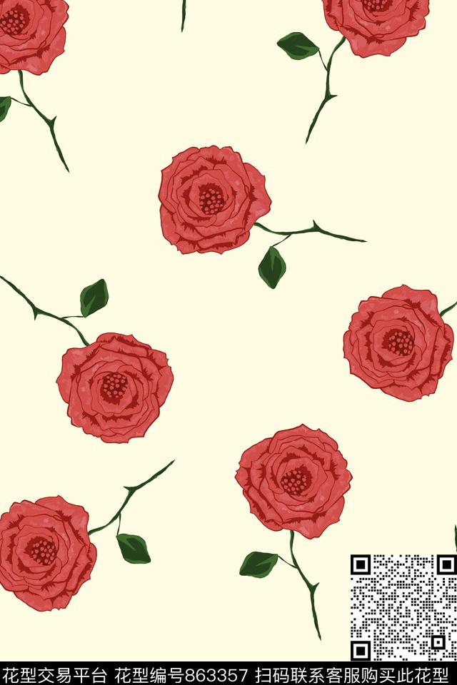 玫瑰.jpg - 863357 - 淡雅 花朵 花卉 - 传统印花花型 － 女装花型设计 － 瓦栏