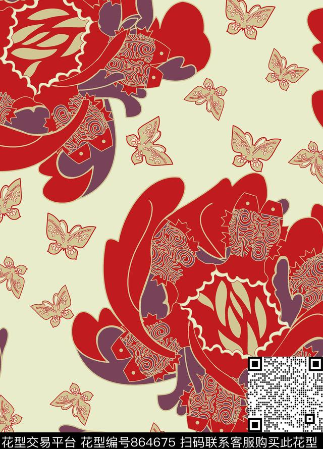 1500- (6).tif - 864675 - 花朵 大花 花卉 - 传统印花花型 － 床品花型设计 － 瓦栏