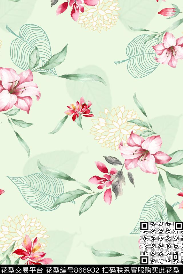 百合小碎花舒适数码印花花型下载（图片编号: 866932） - 瓦栏（Walan）