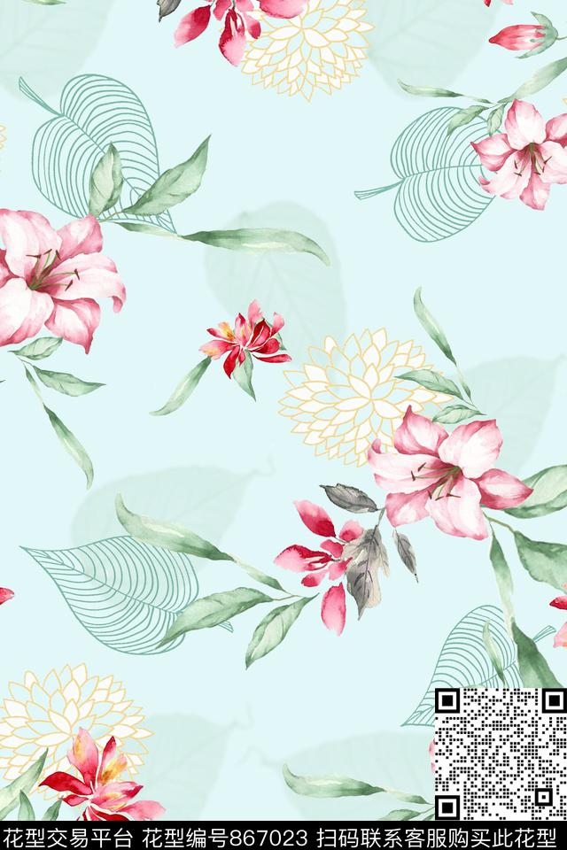 百合小碎花舒适数码印花花型下载（图片编号: 867023） - 瓦栏（Walan）