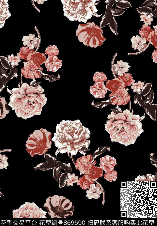 传统花卉复古花卉手绘花卉传统印花花型下载（图片编号: 869590） - 瓦栏（Walan）