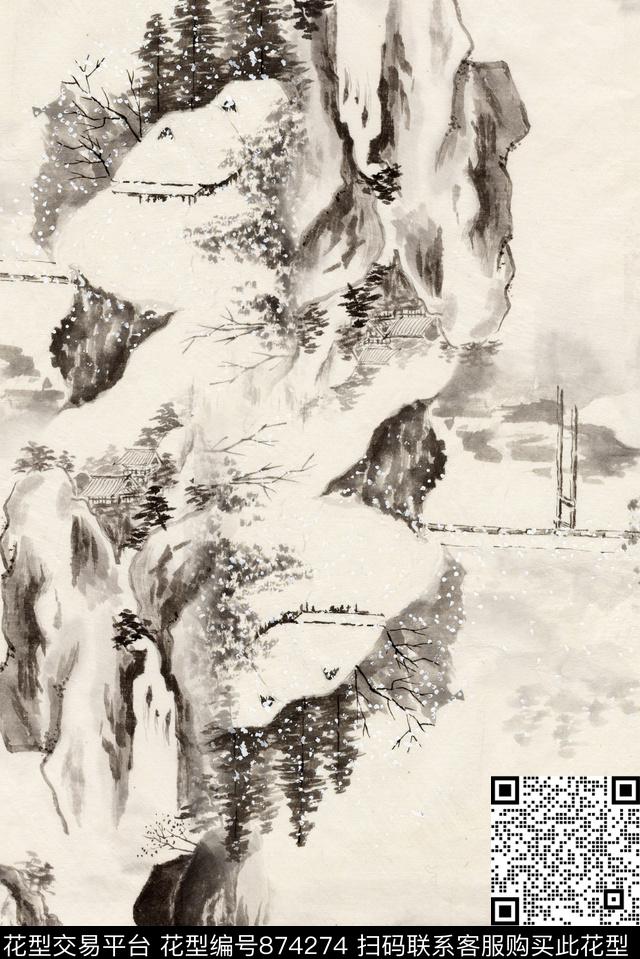 水墨山水-1.jpg - 874274 - 水墨 山水 树木 - 数码印花花型 － 女装花型设计 － 瓦栏