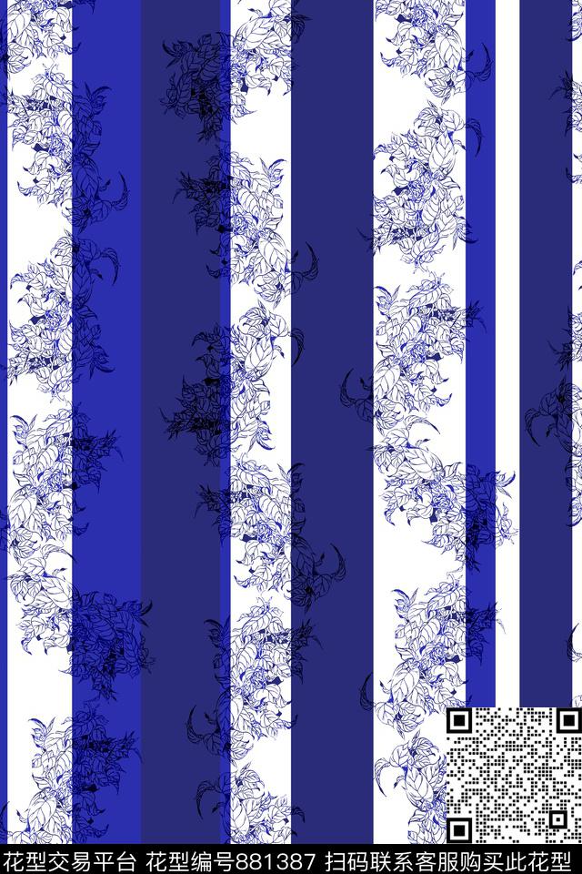6662.jpg - 881387 - 条纹 中国蓝 手绘线条花卉 - 传统印花花型 － 女装花型设计 － 瓦栏