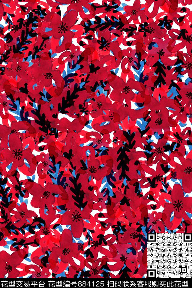 2901.jpg - 884125 - 手绘花卉 水彩花卉 热情 - 传统印花花型 － 女装花型设计 － 瓦栏