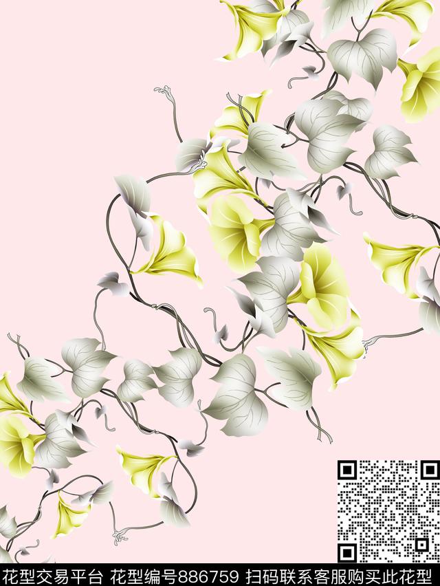 019.jpg - 886759 - 叶子 喇叭花 花卉 - 传统印花花型 － 女装花型设计 － 瓦栏