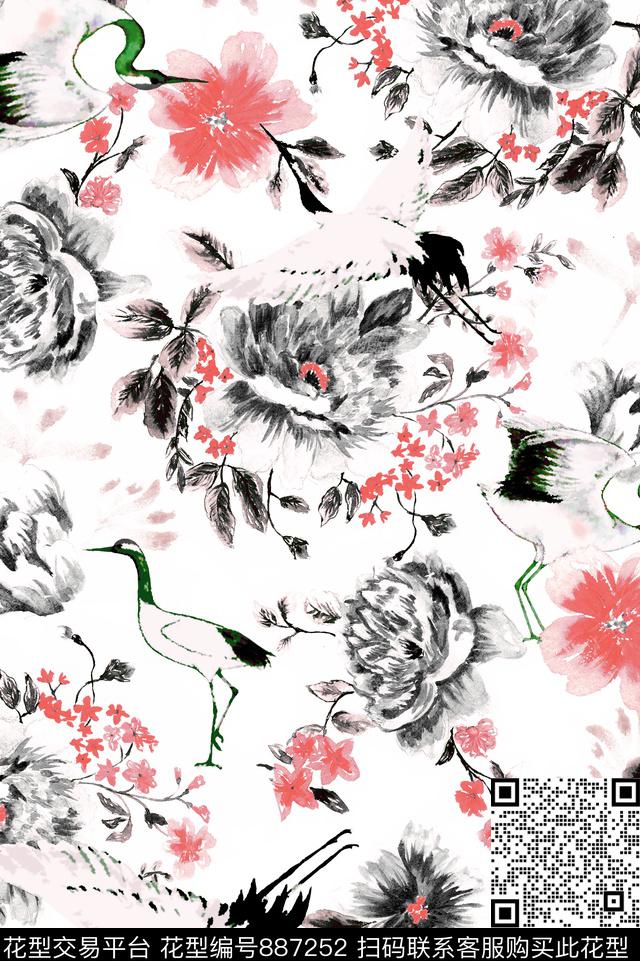 时尚水彩仙鹤花型-color 3.tif - 887252 - 中国风 时尚女装 水彩花卉 - 传统印花花型 － 泳装花型设计 － 瓦栏