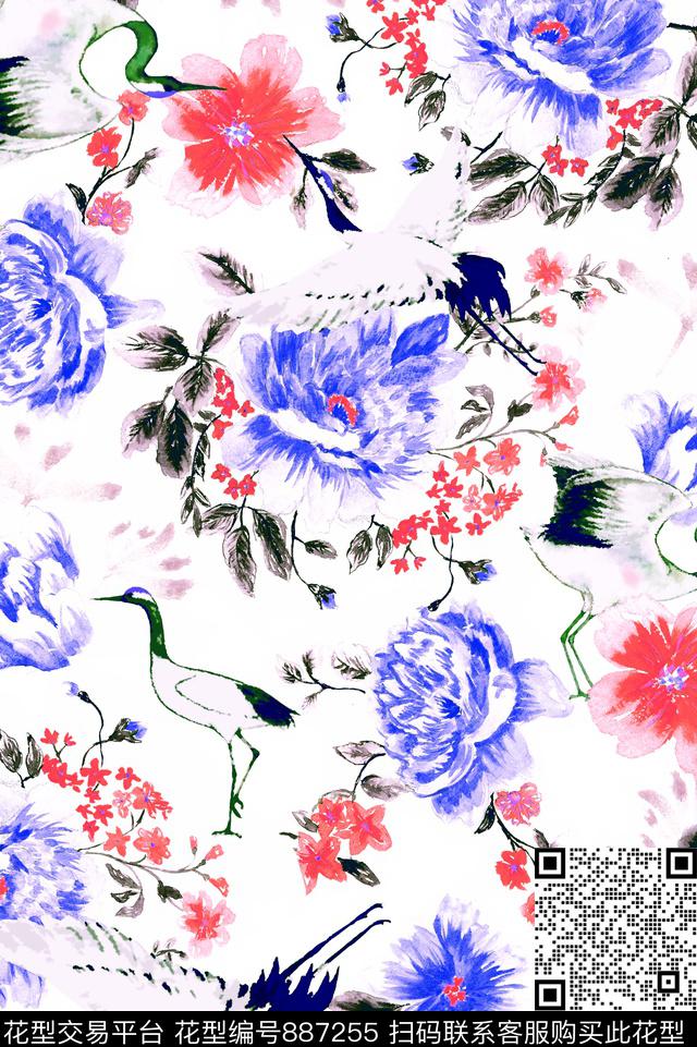 时尚水彩仙鹤花型-color 4.tif - 887255 - 中国风 时尚女装 水彩花卉 - 传统印花花型 － 泳装花型设计 － 瓦栏