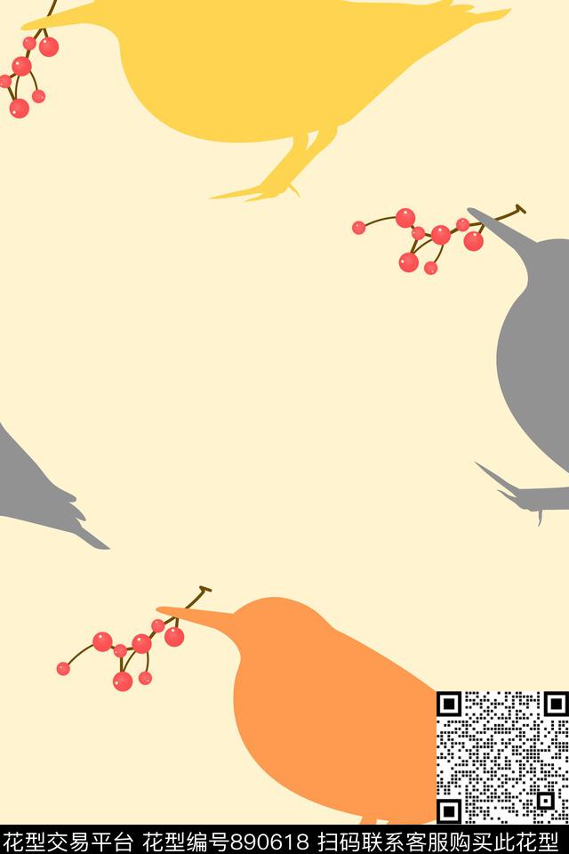 鸟.jpg - 890618 - 小鸟 动物 黄色 - 传统印花花型 － 女装花型设计 － 瓦栏