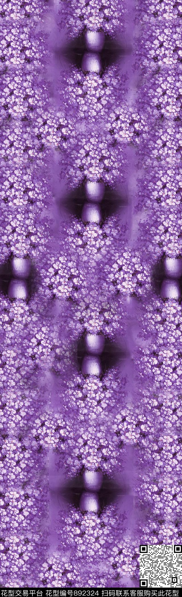 盆栽长巾-紫.jpg - 892324 - 花卉 花瓶 绣球花 - 数码印花花型 － 长巾花型设计 － 瓦栏