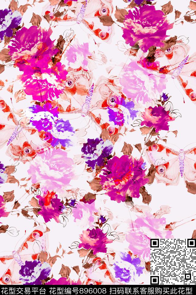 花和蝴蝶-白-红.jpg - 896008 - 大花 花朵 花卉 - 数码印花花型 － 女装花型设计 － 瓦栏