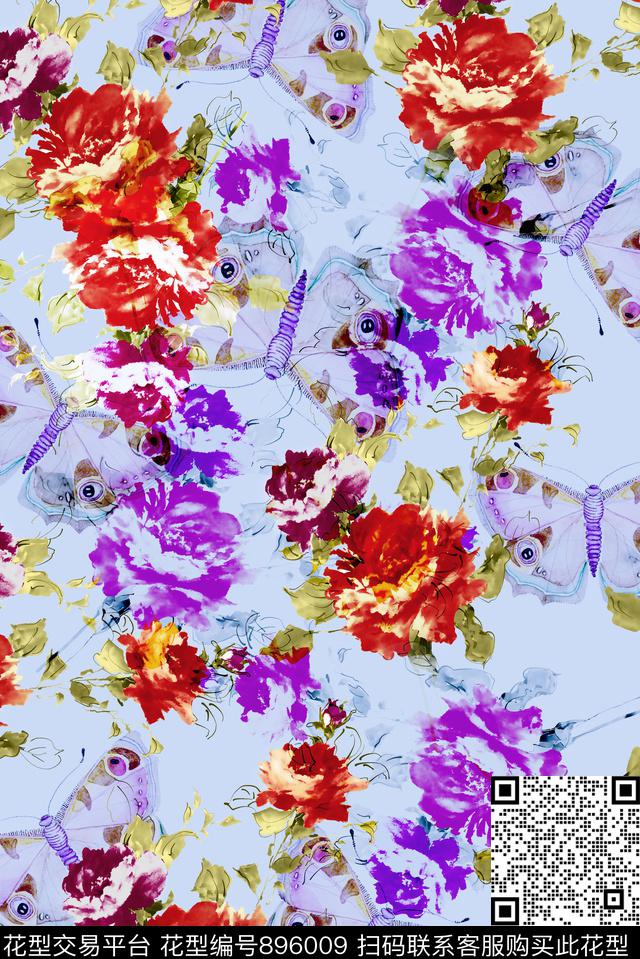 花和蝴蝶-蓝.jpg - 896009 - 大花 花朵 花卉 - 数码印花花型 － 女装花型设计 － 瓦栏