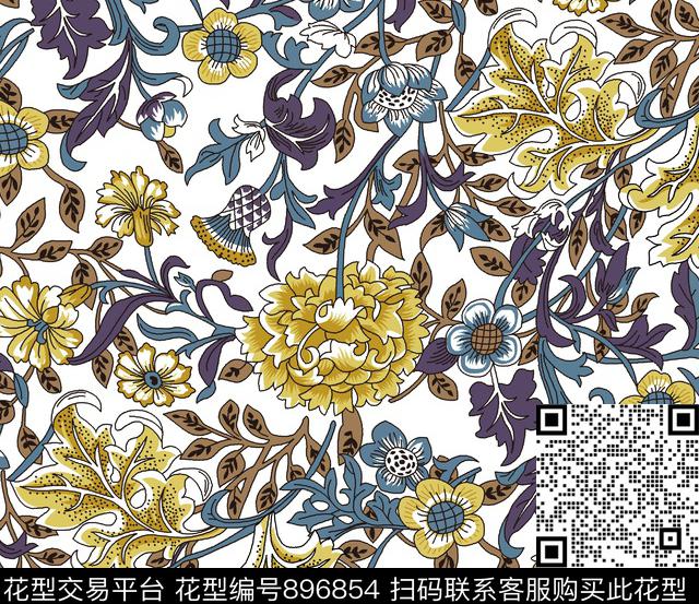 黄花手绘植物花卉传统手绘花卉传统印花花型下载（图片编号: 896854） - 瓦栏（Walan）