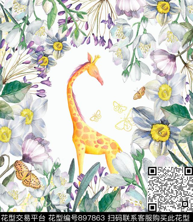 HY-001.jpg - 897863 - 休闲 长颈鹿 花卉 - 数码印花花型 － 床品花型设计 － 瓦栏