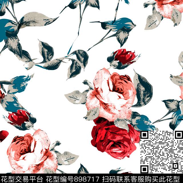 水彩花卉花卉年轻时尚数码印花花型下载（图片编号: 898717） - 瓦栏（Walan）