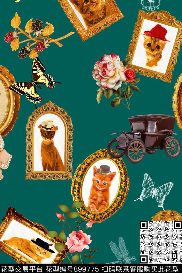 画框中的猫咪.jpg - 899775 - 复古艺术 手绘猫咪 怀旧艺术 - 数码印花花型 － 女装花型设计 － 瓦栏