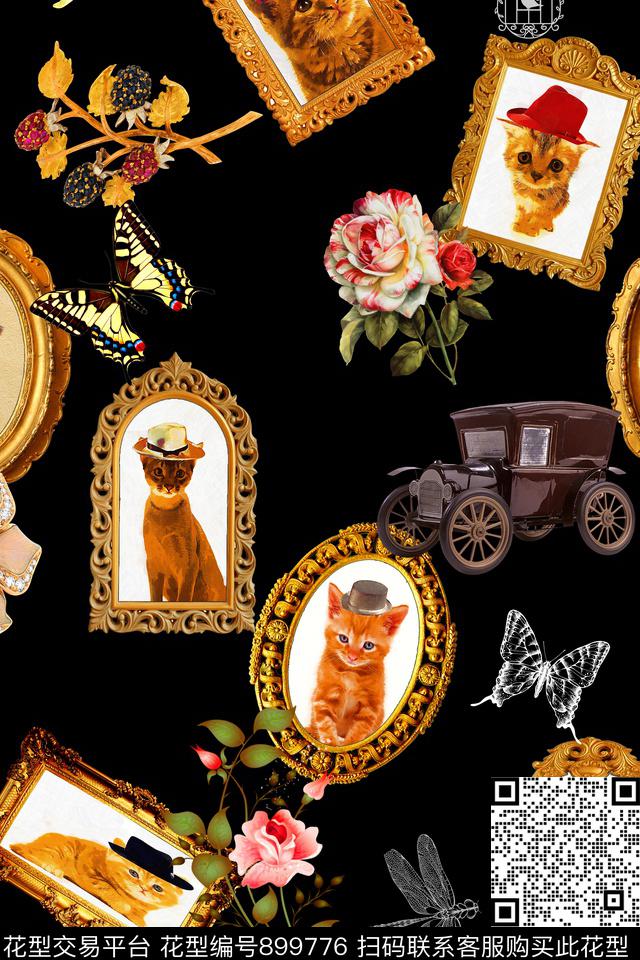 画框中的猫咪.jpg - 899776 - 复古艺术 手绘猫咪 怀旧艺术 - 数码印花花型 － 女装花型设计 － 瓦栏