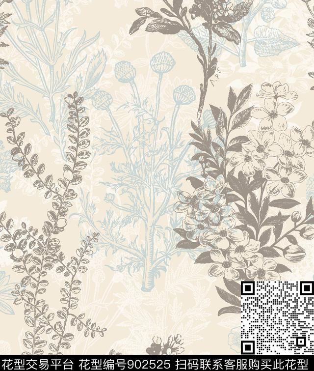 静之语.jpg - 902525 - 简约 花卉 绿植树叶 - 传统印花花型 － 墙纸花型设计 － 瓦栏