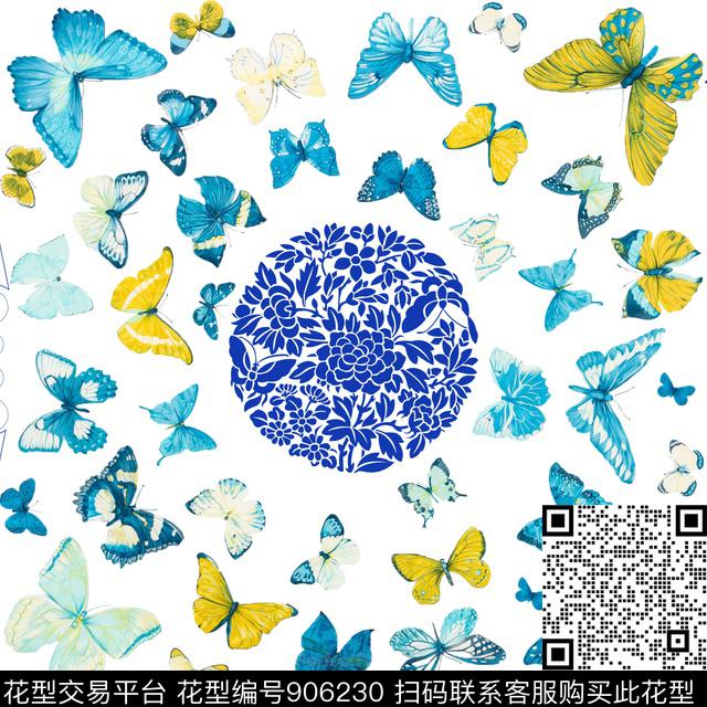 方巾3.jpg - 906230 - 青花瓷 蝴蝶 中国风 - 数码印花花型 － 方巾花型设计 － 瓦栏