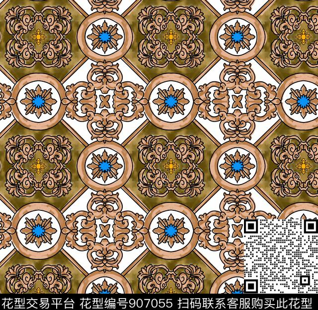 瓦栏138.jpg - 907055 - 佩斯利 宫廷风 手绘花卉 - 传统印花花型 － 方巾花型设计 － 瓦栏