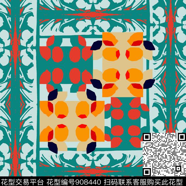 抽象几何定位花传统印花花型下载（图片编号: 908440） - 瓦栏（Walan）