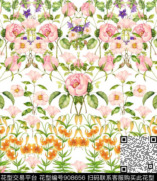 tx18012-2.jpg - 908656 - 花卉 对称花 大牌风 - 传统印花花型 － 女装花型设计 － 瓦栏