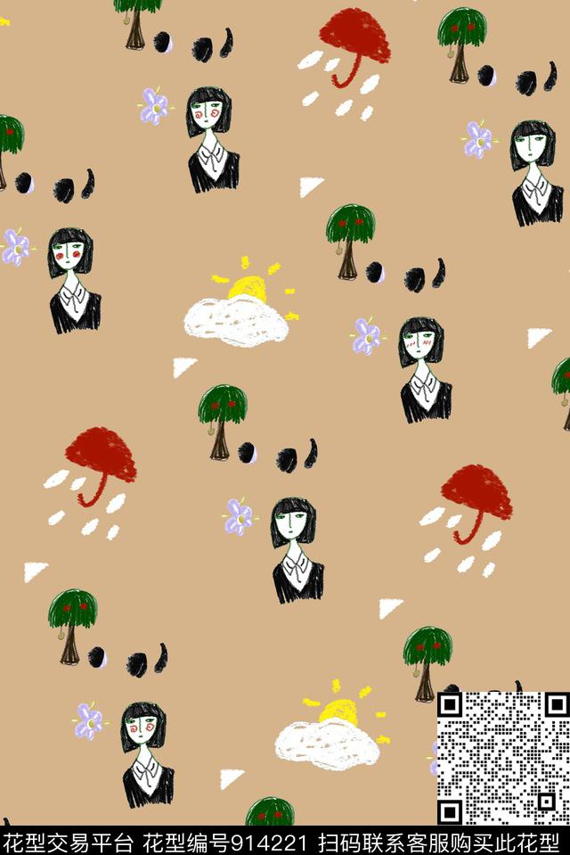 趣味花型蜡笔笔触手绘卡通卡哇伊传统印花花型下载（图片编号: 914221） - 瓦栏（Walan）