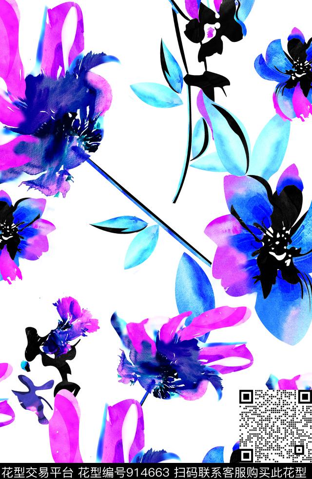 抽象花卉数码印花花型下载（图片编号: 914663） - 瓦栏（Walan）