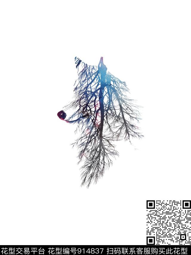 狼树枝创意传统印花花型下载（图片编号: 914837） - 瓦栏（Walan）