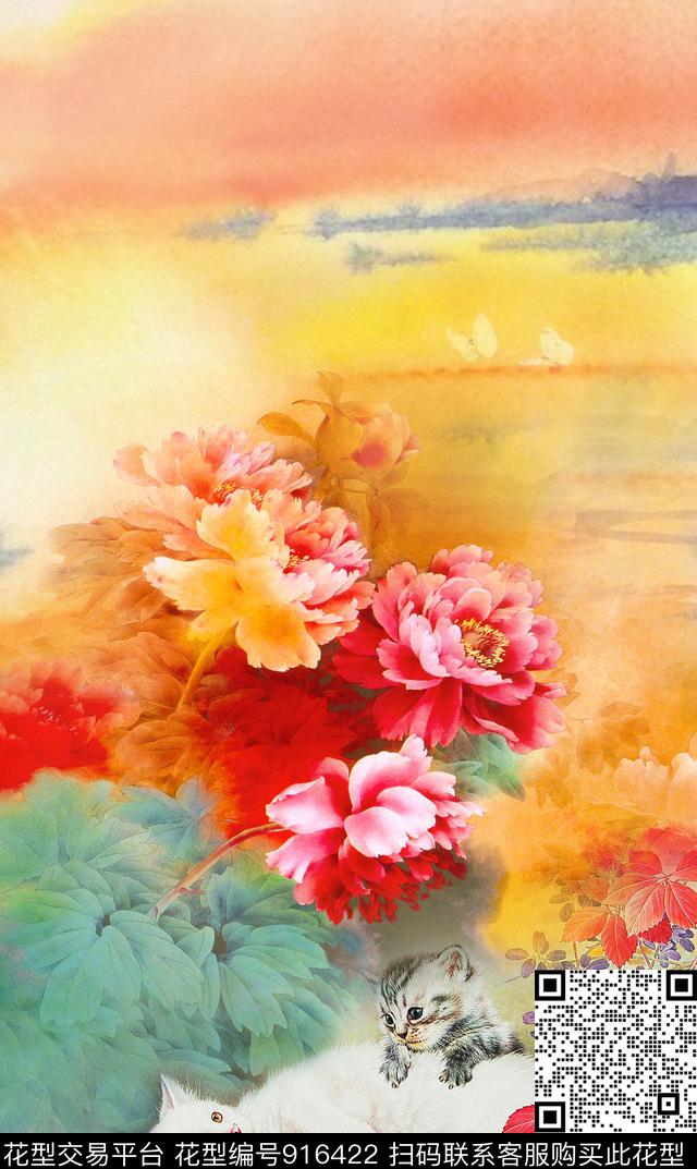 中国风定位花牡丹花卉数码印花花型下载（图片编号: 916422） - 瓦栏（Walan）