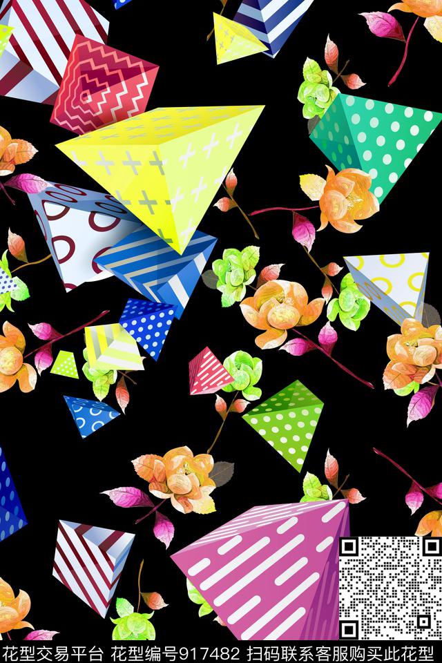 立体几何花卉.jpg - 917482 - 几何花卉 手绘花卉 几何 - 数码印花花型 － 女装花型设计 － 瓦栏