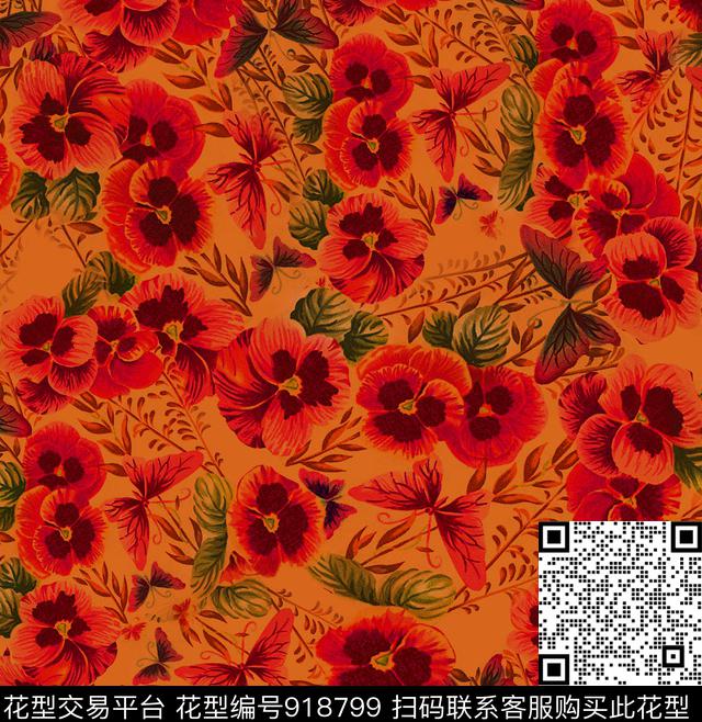 风格化花卉大牌风中国风定位花数码印花花型下载（图片编号: 918799） - 瓦栏（Walan）