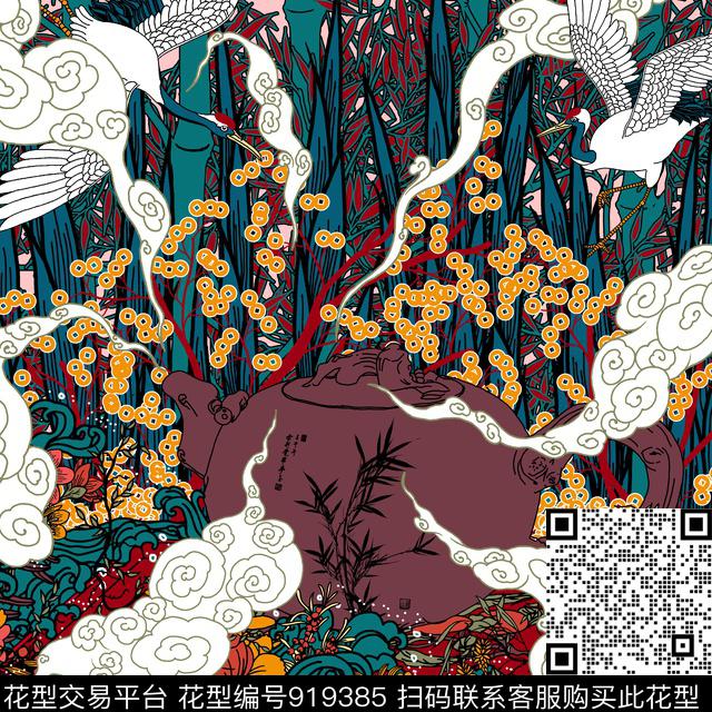 ac10781701.jpg - 919385 - 仙鹤 植物 绘画 - 传统印花花型 － 方巾花型设计 － 瓦栏
