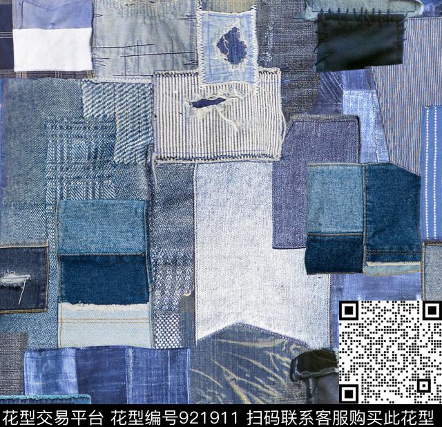 牛仔几何混合拼接数码印花花型下载（图片编号: 921911） - 瓦栏（Walan）