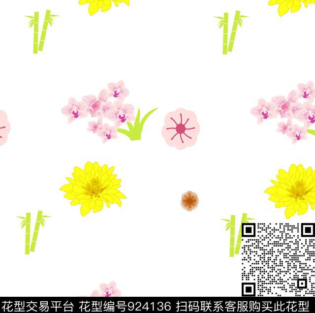 布料花型.jpg - 924136 - 绣花花型 花卉 定位花 - 数码印花花型 － 方巾花型设计 － 瓦栏